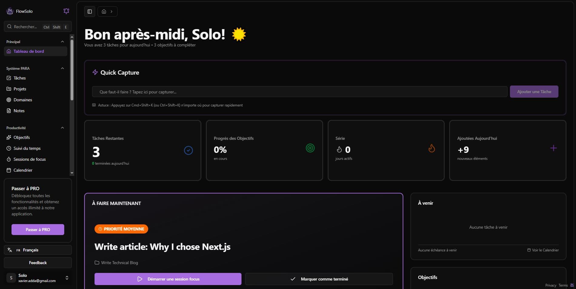 FlowSolo dashboard screenshot showing projects and tasks